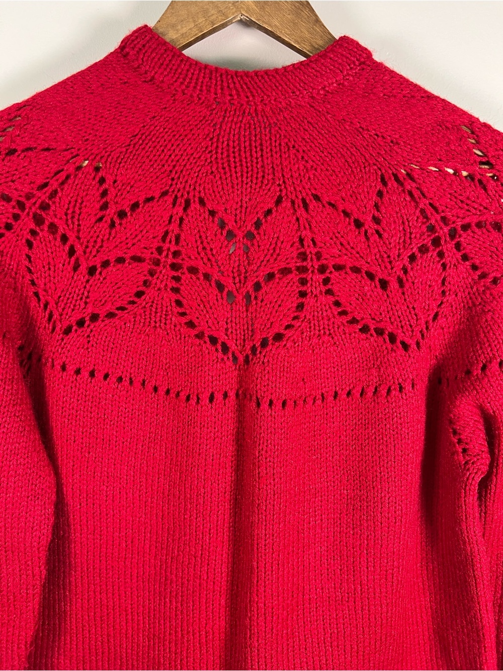 Handmade Red Openwork Lace Knit Cardigan Sweater Womens L Cottagecore Artisan - Picture 4 of 9